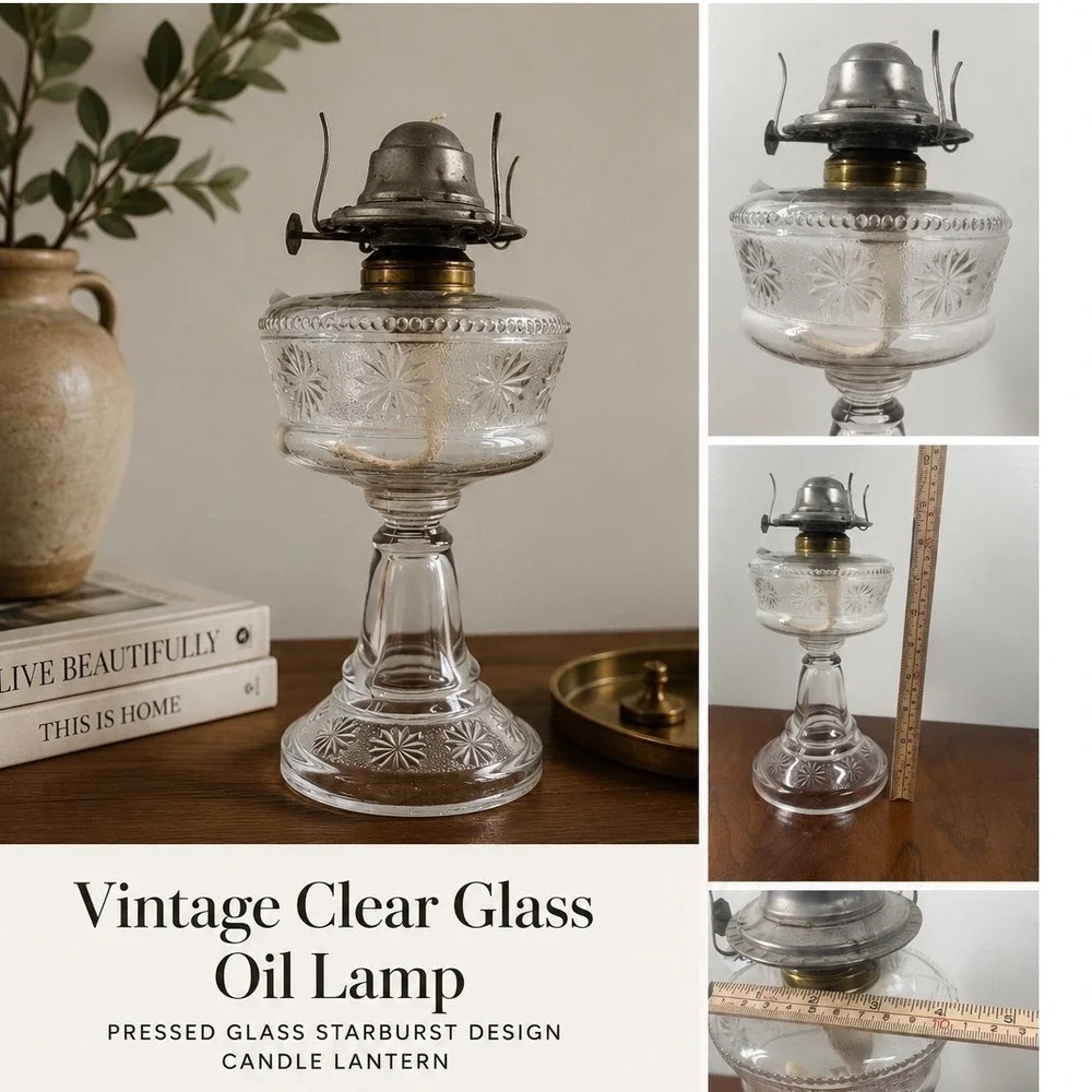 Eagle Oil Lamp Clear Glass Starburst Pedestal Vintage 9